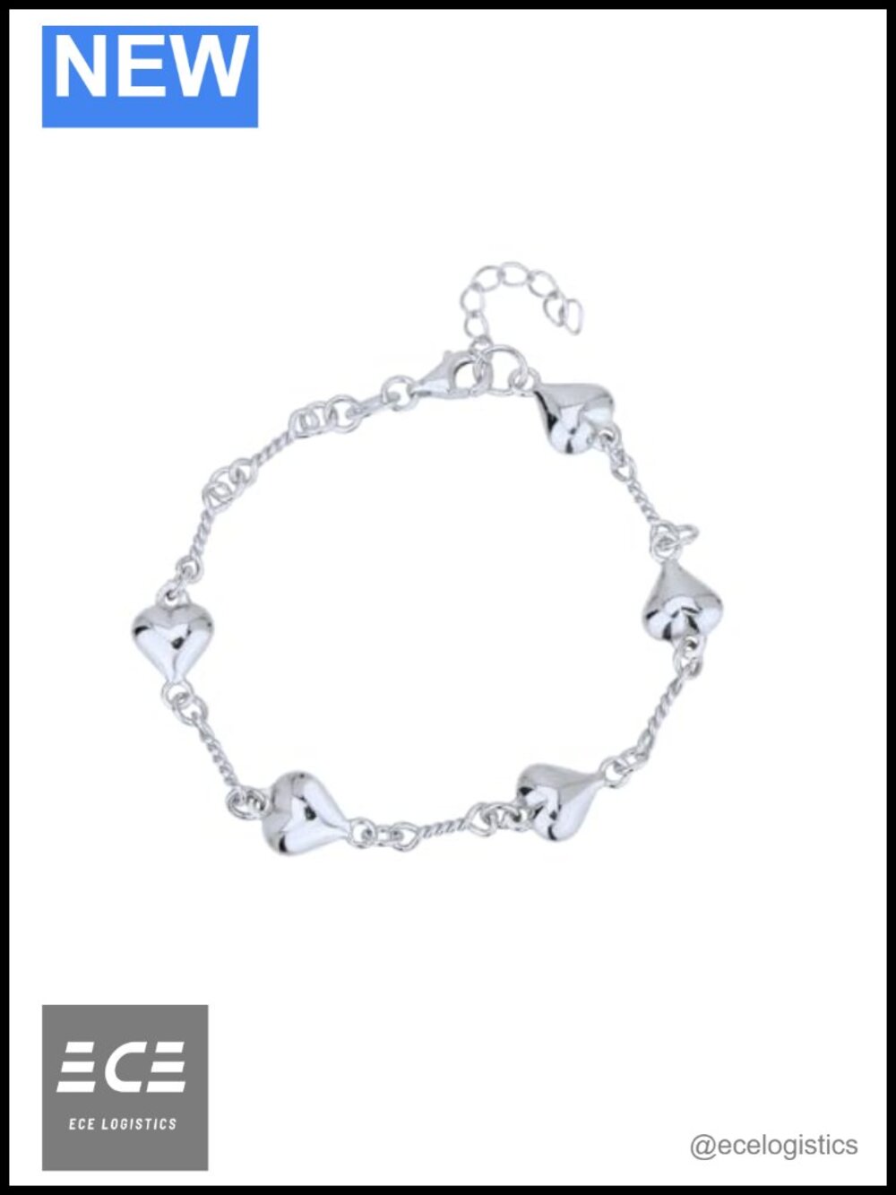 Sterling Silver Puffed Heart Bracelet Rhodium Plated